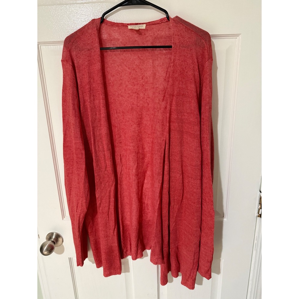 Eileen Fisher Woman 3X Coral Pink 100% Linen Italian Yarn Open Front Cardigan